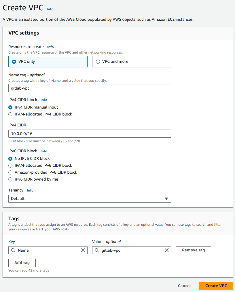 Create a VPC for the GitLab cloud infrastructure.